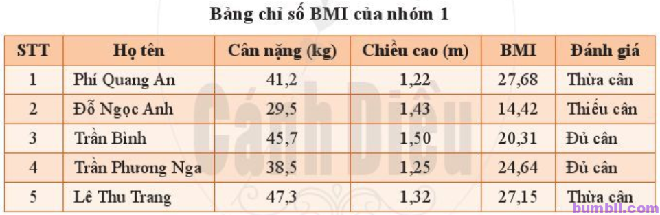 Một thông tin dạng bảng, bảng chỉ số BMI của nhóm 1