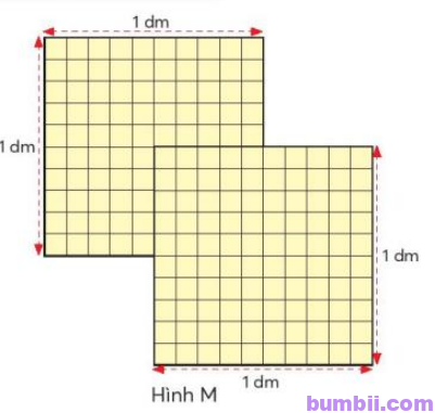 Bumbii Bài 20: Đề-xi-mét vuông trang 48 SGK toán lớp 4 tập 1 Chân Trời Sáng Tạo. Hai miếng giấy kẻ ô vuông cạnh 1 dm được xếp như hình bên tạo thành hình M. 
