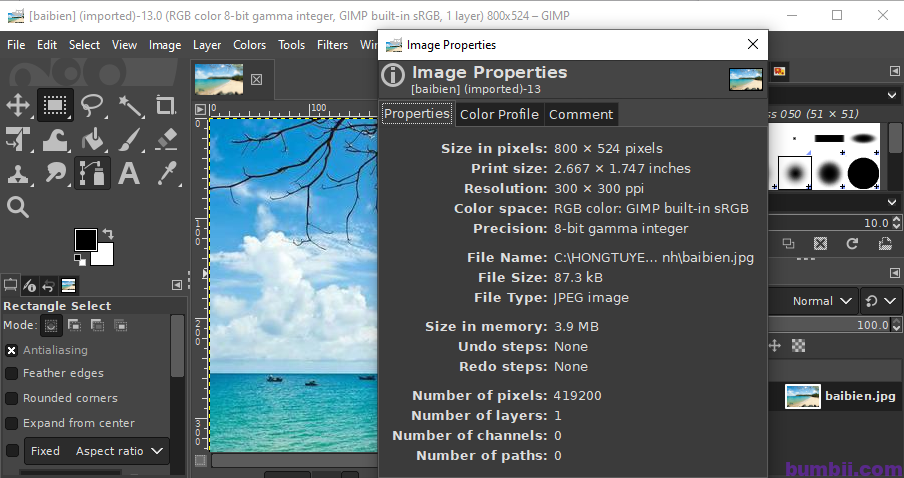 sử dụng phần mềm chỉnh sửa ảnh GIMP để đọc thông tin ảnh bãi biển