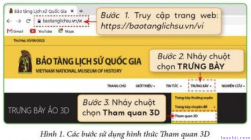 Bài 1. Máy tính giúp em tìm hiểu về lịch sử Việt Nam - Hình 1. Các bước sử dụng hình thức Tham quan 3D