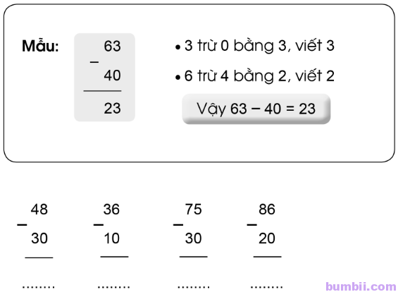 Bumbii Bài 64: Phép trừ dạng 27 – 4, 63 – 40 trang 52 Vở bài tập toán lớp 1 tập 2 Cánh Diều. Hình 4